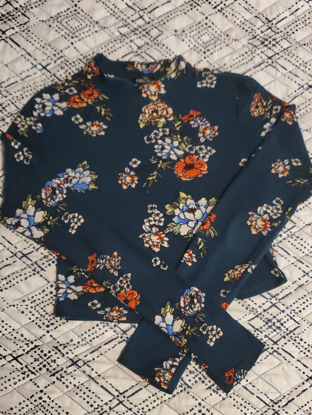 Turquoise & Orange Floral Long Sleeve Crop Top
